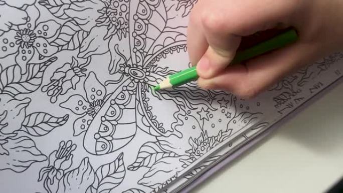 某人的年轻手用绿色铅笔绘制抗压着色图案。禅宗艺术，黑白涂鸦图案。禅宗涂鸦，禅宗缠结插图，成人和儿童着