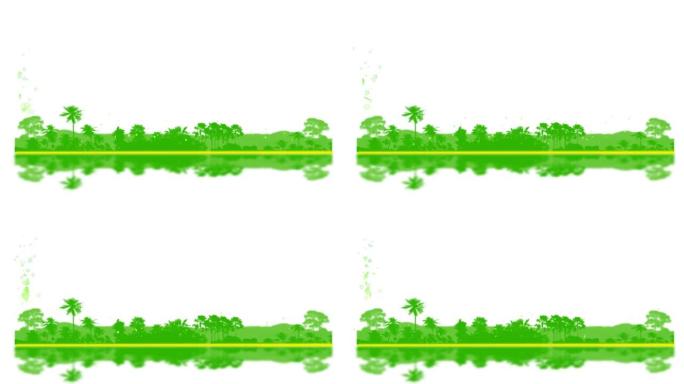 绿色叶子在海岸和森林山背景上飞舞和模糊反射横幅youtune社交媒体歌词标题描述toptc和标题动画