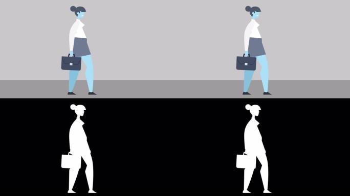 卡通女性角色设计扁平风格步行周期与公文包孤立的2d动画。Luma哑光