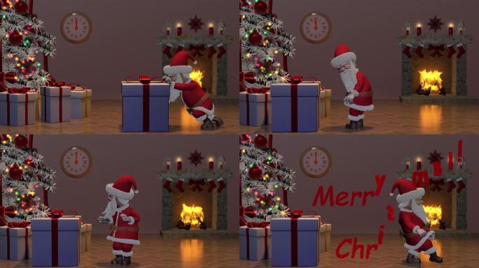 圣诞快乐，新年快乐2021动画。圣诞老人推礼物。圣诞老人带着圣诞礼物在圣诞树附近。