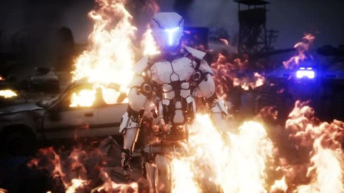 军事机器人在一个燃烧的毁灭的世界末日城市。世界末日景观。逼真的火灾模拟。世界末日。