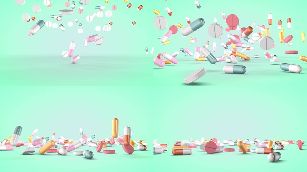 一套各种药丸和胶囊。3D渲染