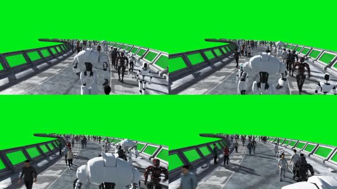 人和机器人。科幻小说。未来的交通。未来的概念。绿屏镜头。逼真的4k动画。