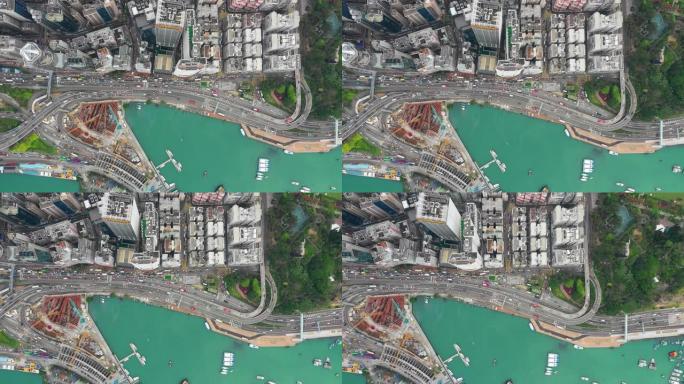 市区湾交通路口建设维多利亚港空中俯冲全景4k香港