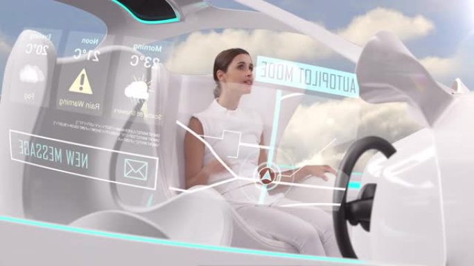 在空中驾驶的白色内饰汽车中的女人处于自动驾驶模式