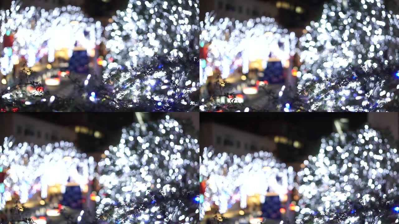 六本木山圣诞蓝色照明灯光，背景模糊
