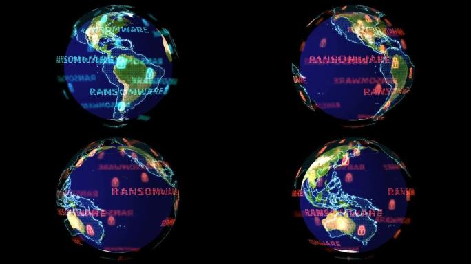 地理地球地图数字全球世界地图和勒索软件红色警报检测到，该图像的元素由NASA提供