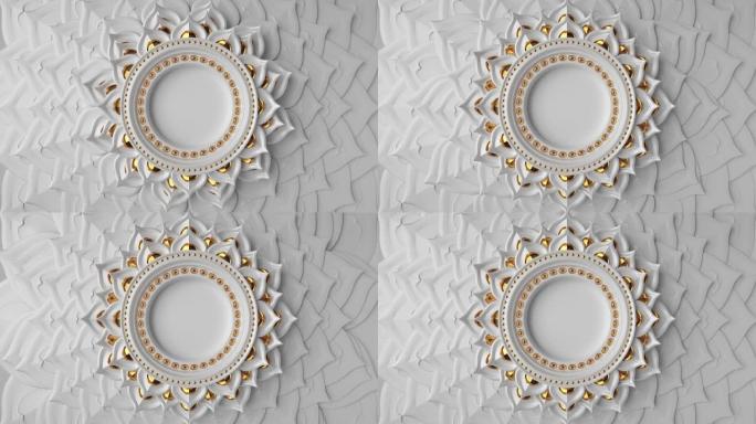 3d抽象白金装饰亚洲背景，带复制空间的动画空白圆形框架，旋转的莲花花瓣，曼陀罗设计的循环动画