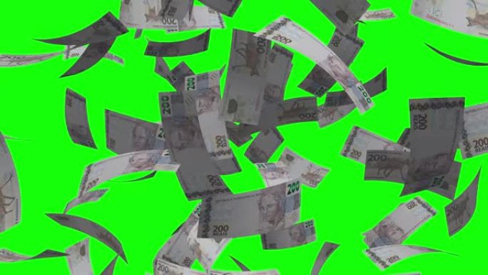 200巴西雷亚尔/雷亚尔钞票，rainig货币绿屏色度关键背景4k股票视频
