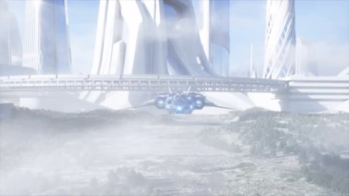 未来主义的船和科幻城市。未来概念。鸟瞰图。3d渲染。
