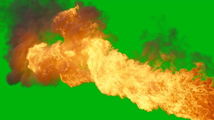浓烟弥漫的强力燃烧燃料。火灾爆炸与阿尔法的现实过渡。冒烟和燃料爆炸。绿屏前的VFX动画。