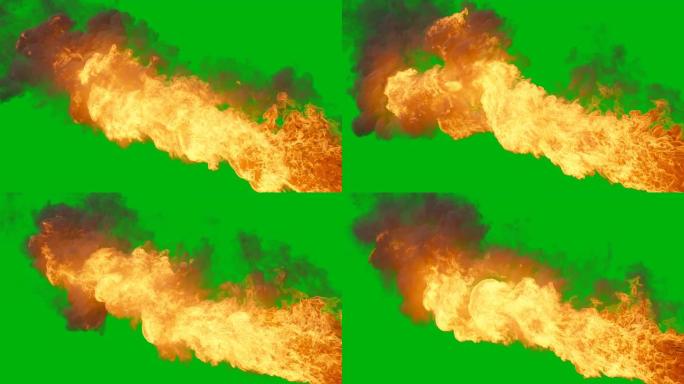 浓烟弥漫的强力燃烧燃料。火灾爆炸与阿尔法的现实过渡。冒烟和燃料爆炸。绿屏前的VFX动画。