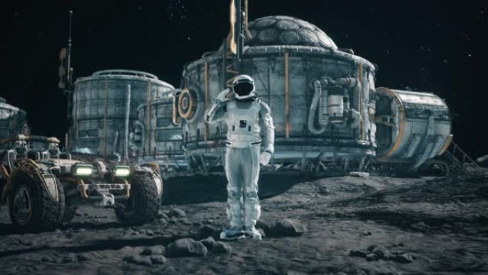 宇航员研究人员在太空基地和planetrover的背景下致敬。幻想、未来或太空旅行的动画。