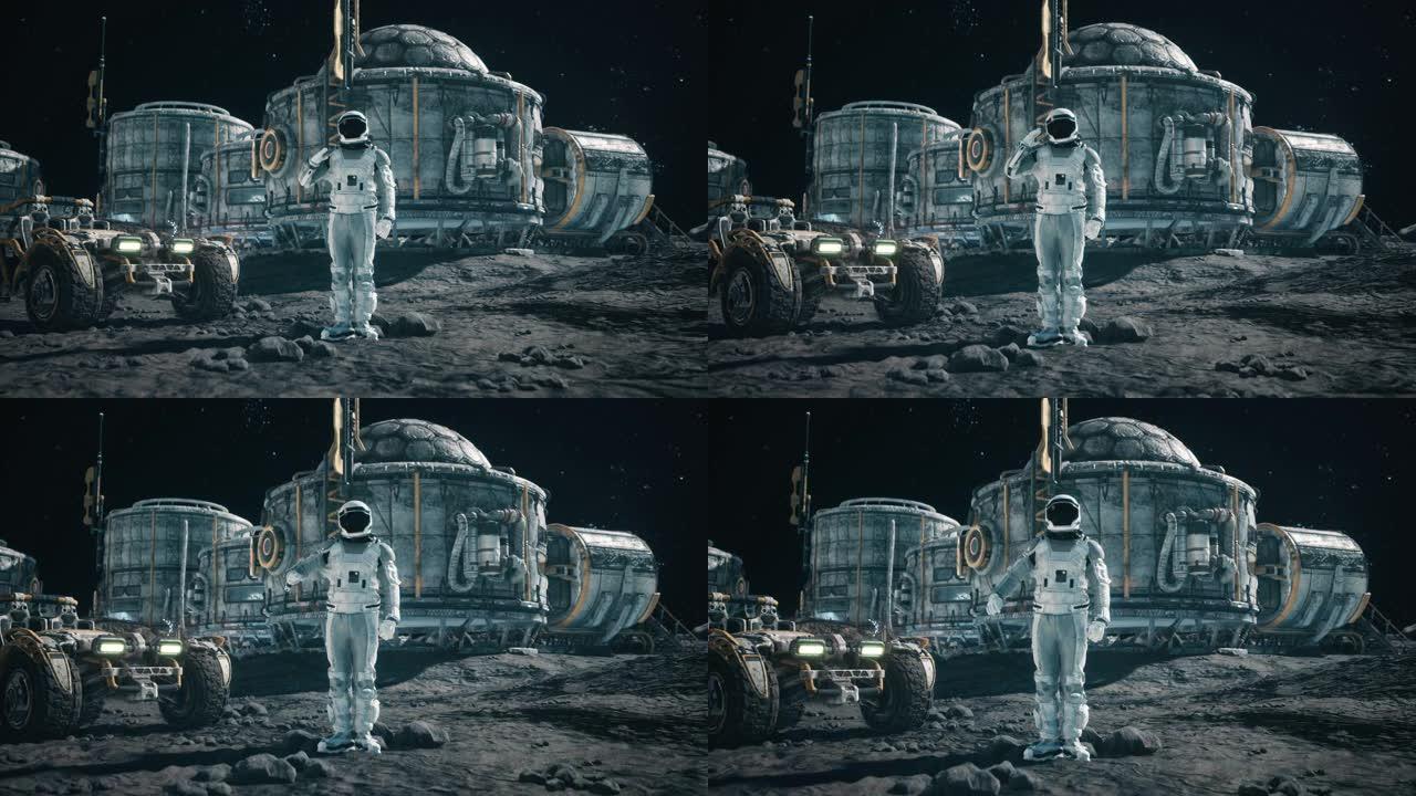 宇航员研究人员在太空基地和planetrover的背景下致敬。幻想、未来或太空旅行的动画。