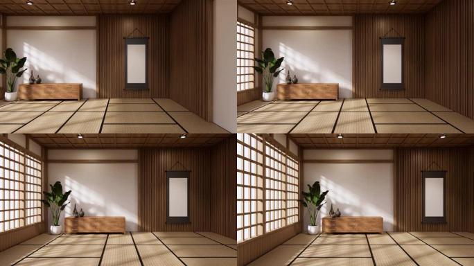 房间日本禅宗风格，最小设计。3D渲染