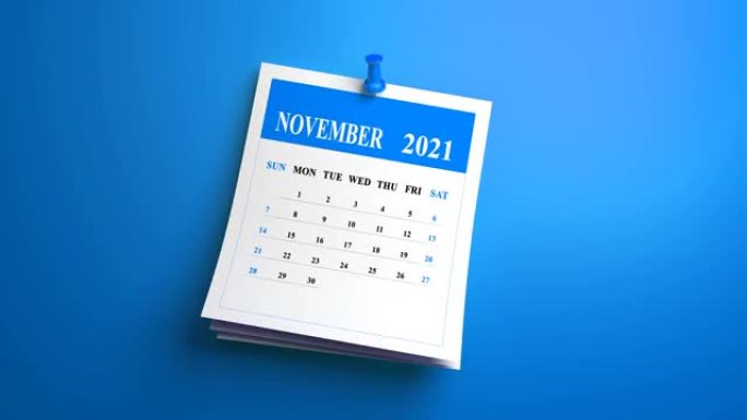 蓝色背景上的3D摆动循环2021 11月日历