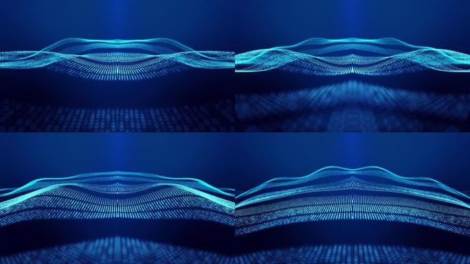 具有粒子镜面波的科幻抽象主题。4k环形抽象蓝色背景的辉光粒子形成曲线，表面结构相似。带有粒子全息图的