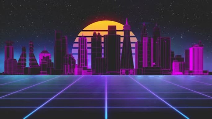 风格化的复古3D动画背景与现代城市，太阳和发光的星星。80年代复古未来科幻无缝循环