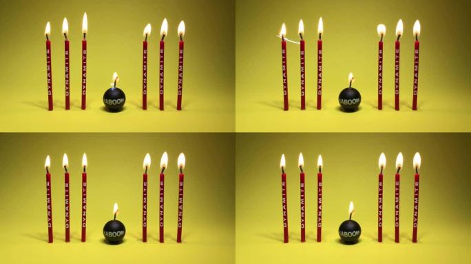 有趣的生日蜡烛阅读黄色背景上燃烧的炸药