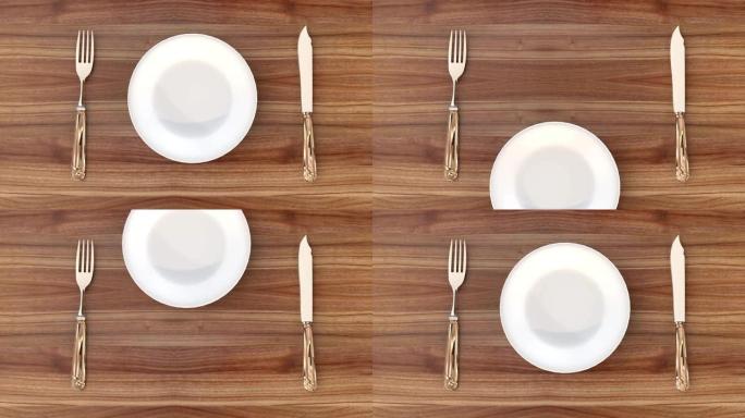 木制背景上的钢制餐具和盘子，旋转。3D渲染