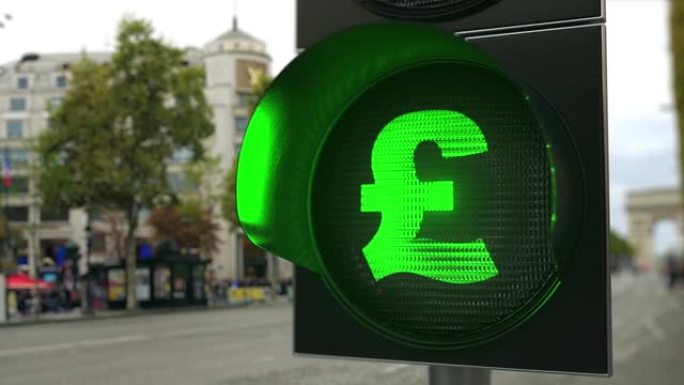 绿色交通灯信号上的英镑英镑标志。外汇相关概念3D动画