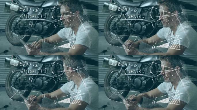 平板电脑上的人在摩托车上的数学方程式。