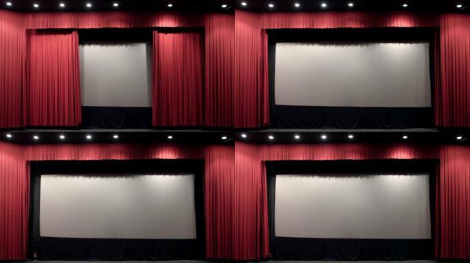 红色剧院窗帘打开以显示电影院屏幕高清