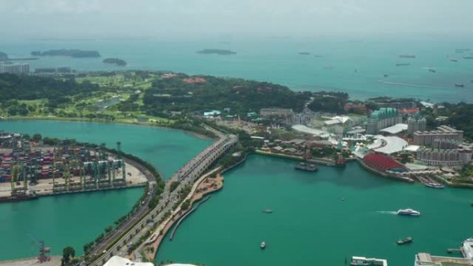 晴天新加坡城市著名港湾圣淘沙岛交通大桥空中全景4k