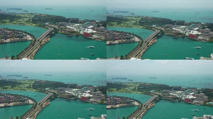 晴天新加坡城市著名港湾圣淘沙岛交通大桥空中全景4k