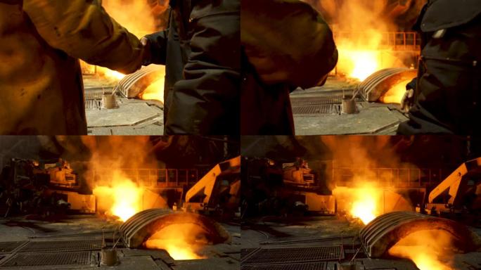 两家钢锭铸造钢锭的后视图在电弧炉前握手，冶金生产。库存镜头。重工业和协议概念