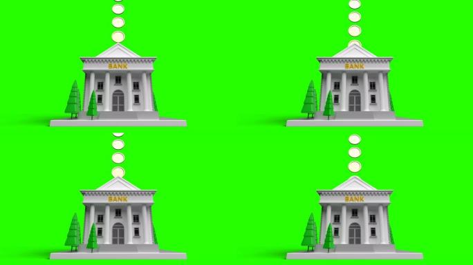 绿色背景上的3D抽象银行填充硬币