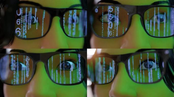 女人戴着现代眼镜智能眼镜和现实概念与Matix屏幕。虚拟技术。被统计数据和apple analyti