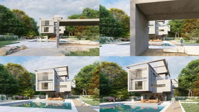 带花园和游泳池旁的休息区的立方现代住宅