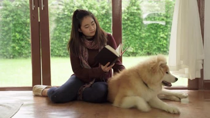一位美丽的亚洲妇女与她的秋田犬宠物在客厅俯瞰后院草坪上阅读。
