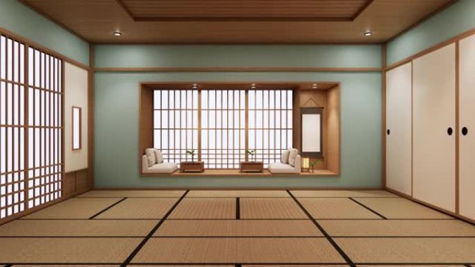 室内设计有一把扶手椅在空的薄荷室日本设计，3D渲染