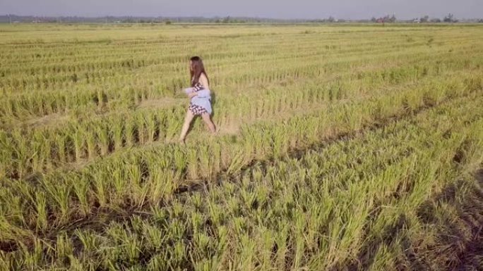 马来西亚女孩在稻田里挥舞着四处奔跑的镜头