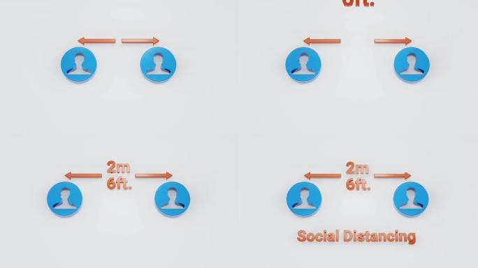 3d渲染: 社会距离概念的动画-人与人之间的2米或6英尺安全区