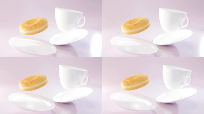 咖啡白色杯子，带甜甜圈，配有碟子，在失重状态下冷冻，在粉红色背景下缓慢旋转。金色甜点，通风。早餐用糖