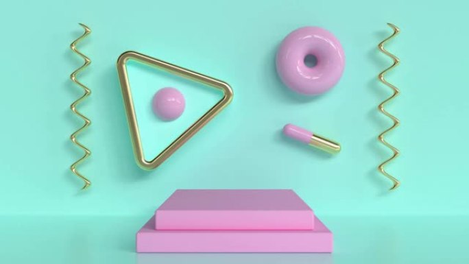绿墙粉色舞台几何形状3d渲染抽象运动