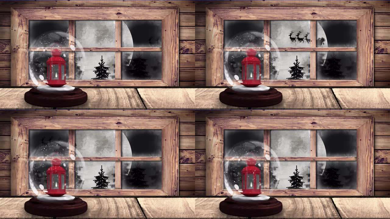 雪球动画与灯笼和雪橇圣诞老人的剪影