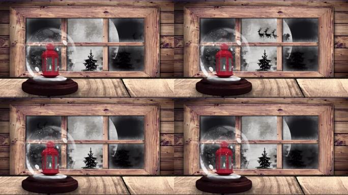 雪球动画与灯笼和雪橇圣诞老人的剪影