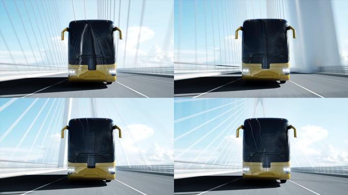 桥上公交车的3d模型。非常快的驾驶。4k动画。