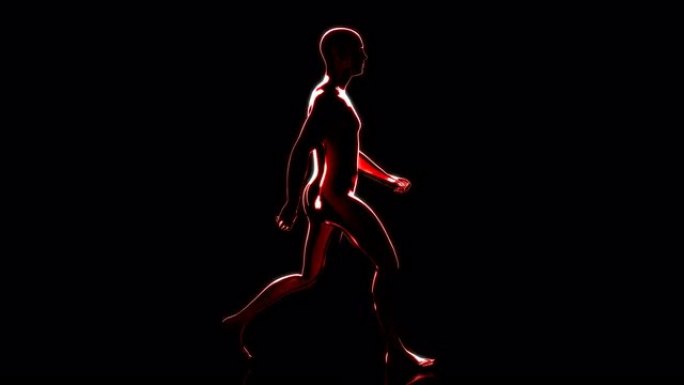 黑色背景上循环3D抽象红色数字行走人的侧视图