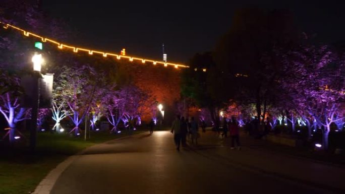 南京市夜间照明著名湖滨公园路全景4k中国