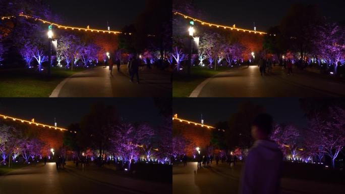 南京市夜间照明著名湖滨公园路全景4k中国
