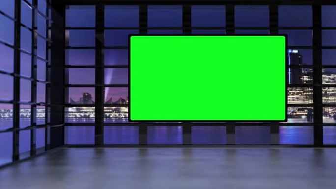 3D虚拟电视演播室，夜间全景城市天际线，绿屏和泛光灯