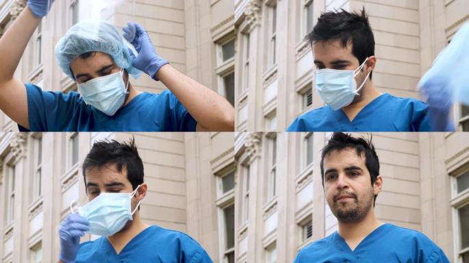 一整天的工作后，年轻的医护人员脱下了防护口罩和面罩