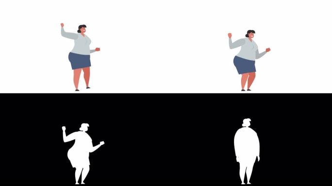 孤立卡通扁平胖女人角色快乐跳跃循环动画与Luma哑光