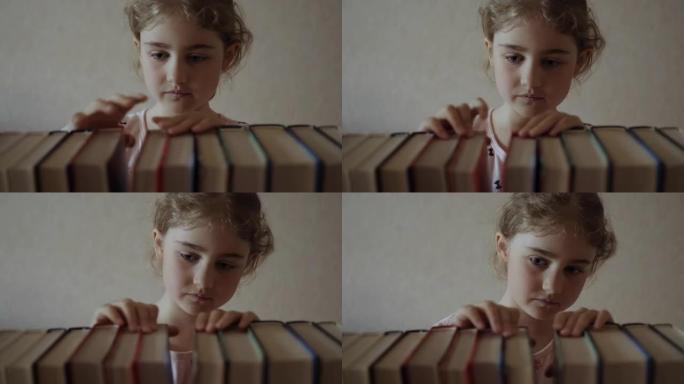 小女孩选择书架上的书。戴着眼镜的年轻女学生从书架上拿书，翻阅图书馆的书页。读书爱好。