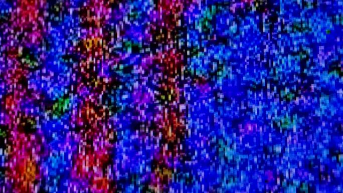 彩色毛刺噪声静态电视。视觉视频效果粒状背景，电视屏幕噪音。宏特写